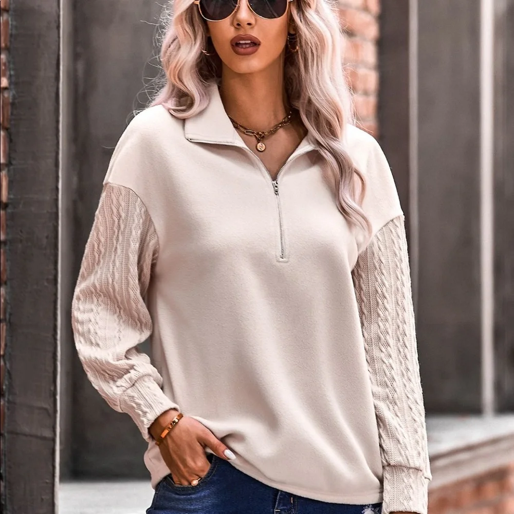 Cream Quarter Zip Dropped Shoulder Spliced Sweatshirt - Picture 2 of 6